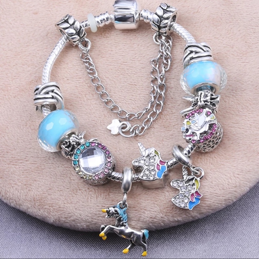 NEW Sterling Silver Blue Unicorn Charm Bracelet